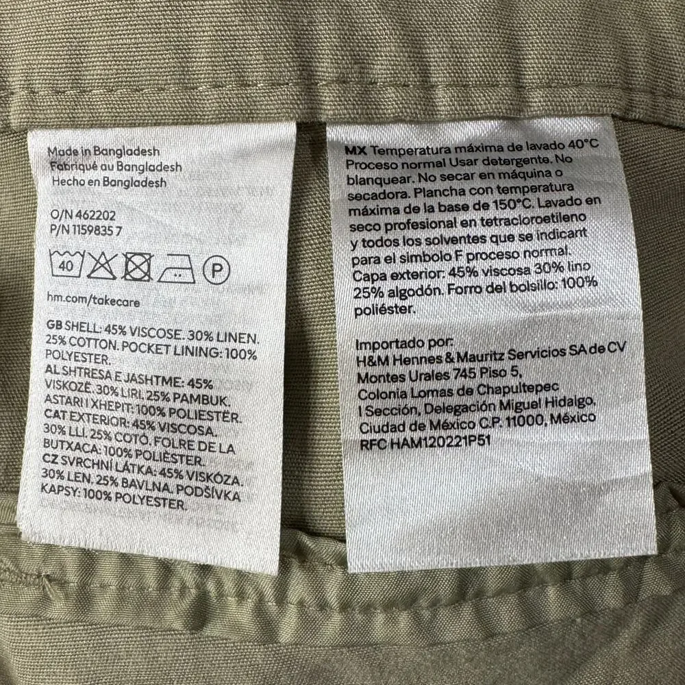 H&M SZ 14 Wide Straight Leg Pants Linen Blend Cargo Pocket Hi-Rise Zip-Fly Beige
